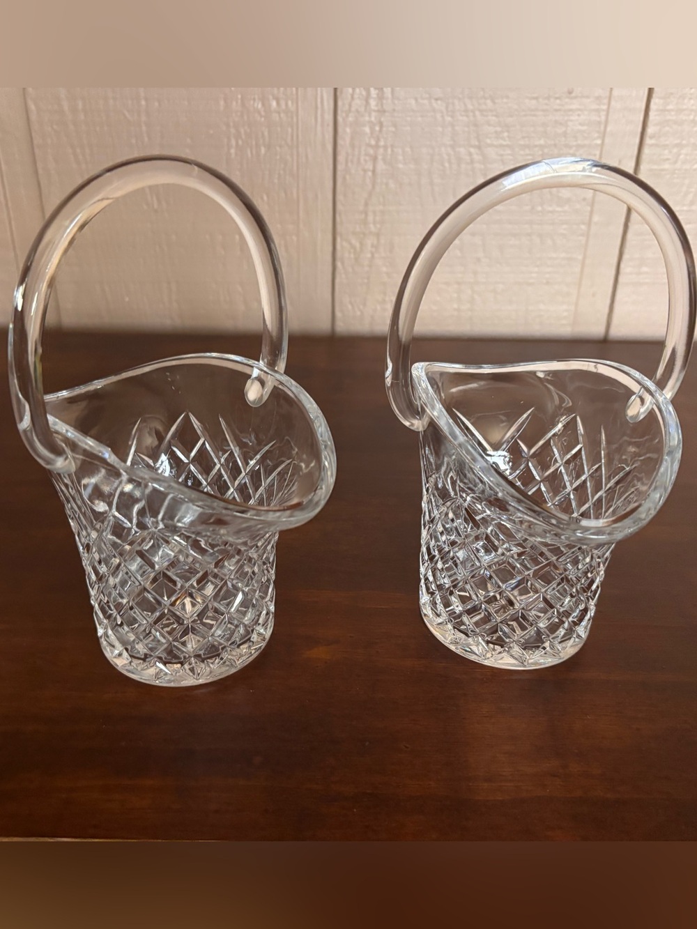 Pair of Clear Pressed Glass Basket Pitchers/Vases